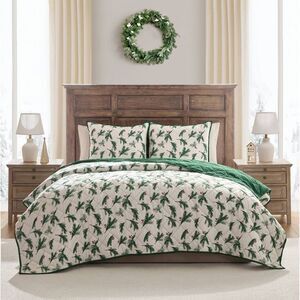 Open Box - Hallmark -  Queen Flannel Greenery Print Quilt Set Green